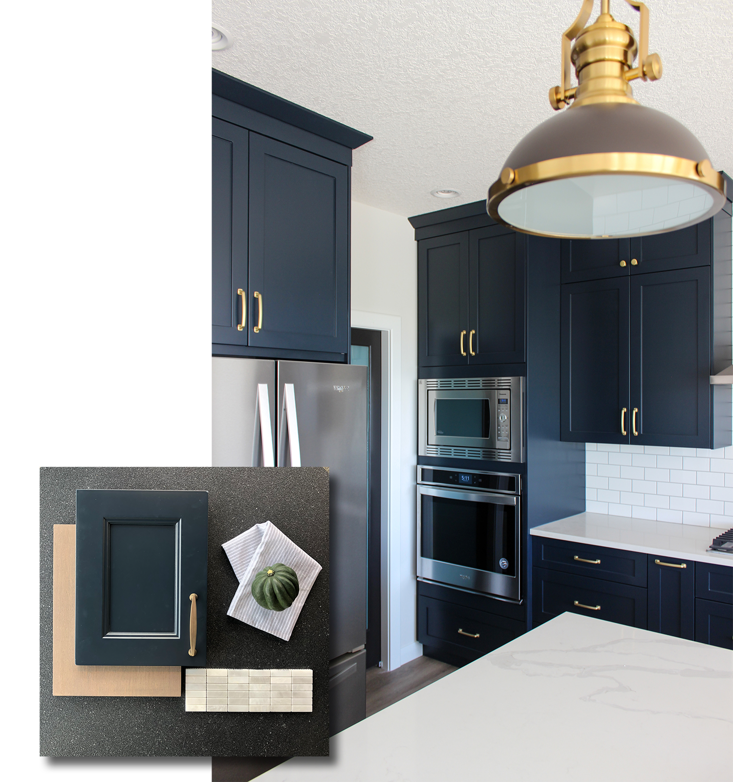 Dark cabinetry kitchen with material sample board